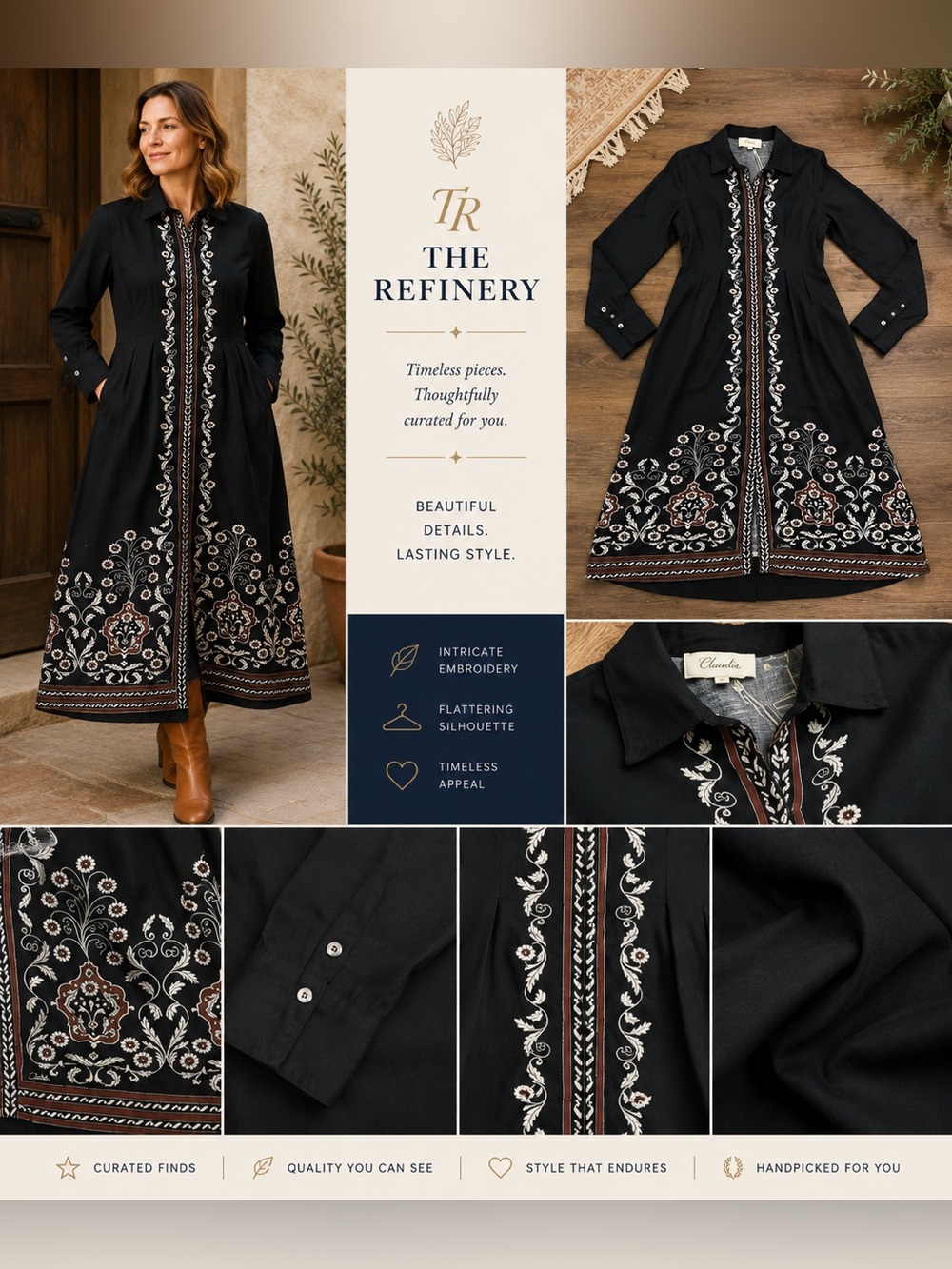 CLEOBELLA - Mirela Black Long Sleeve embroidered old money Dress NWT
